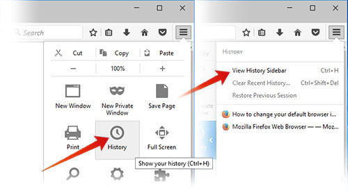 Viewing browsing history under the Firefox hamburger menu