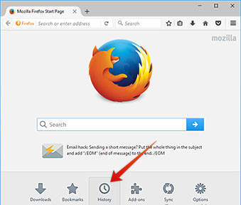 Viewing your browsing history from the Firefox default welcome screen